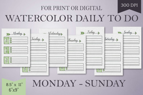 Green Watercolor Daily to Do List-Mon-Su: Elevating Organization with Hand-Drawn Aesthetics